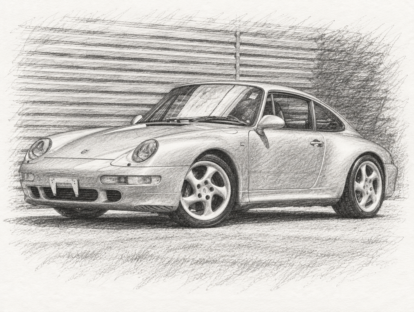 Loose pencil sketch of a Porsche 993 coupe in front of a slatted wall